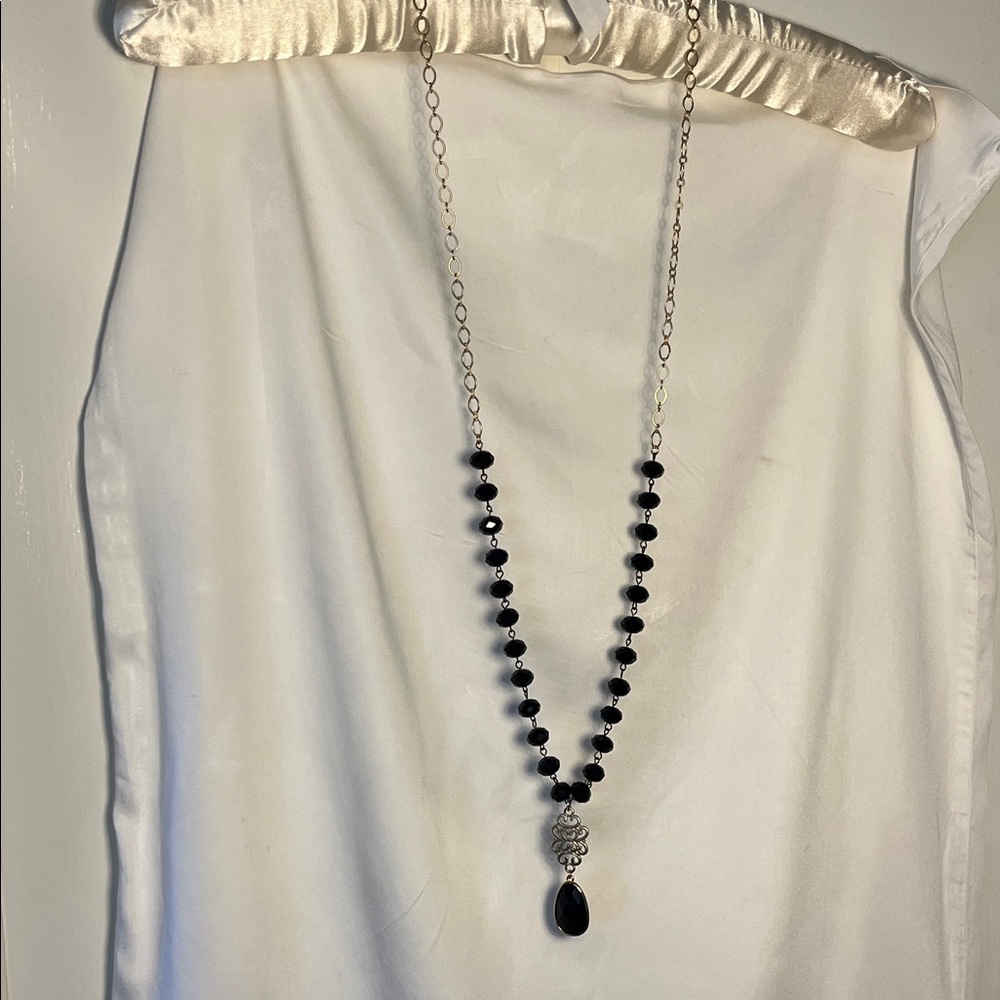 Elegant Long Black Beaded with gold chain Necklace statement